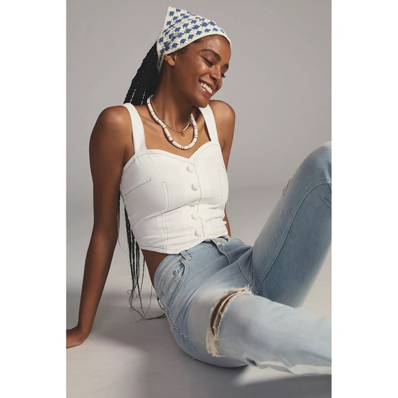 Maeve Anthropologie Buttonfront Vest - White w/ Blue‎ contrast stitching  - XS - Picture 3 of 7